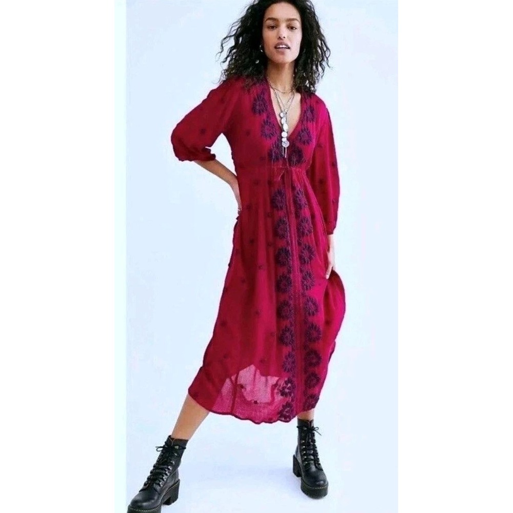 Free People Fable Embroidered Maxi Dress Womens Small Pink Boho Peasant